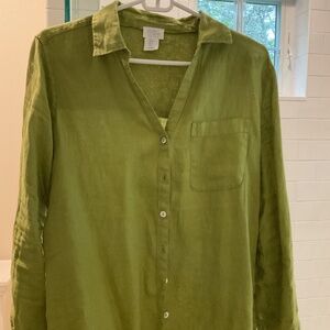 Olive linen V neck blouse